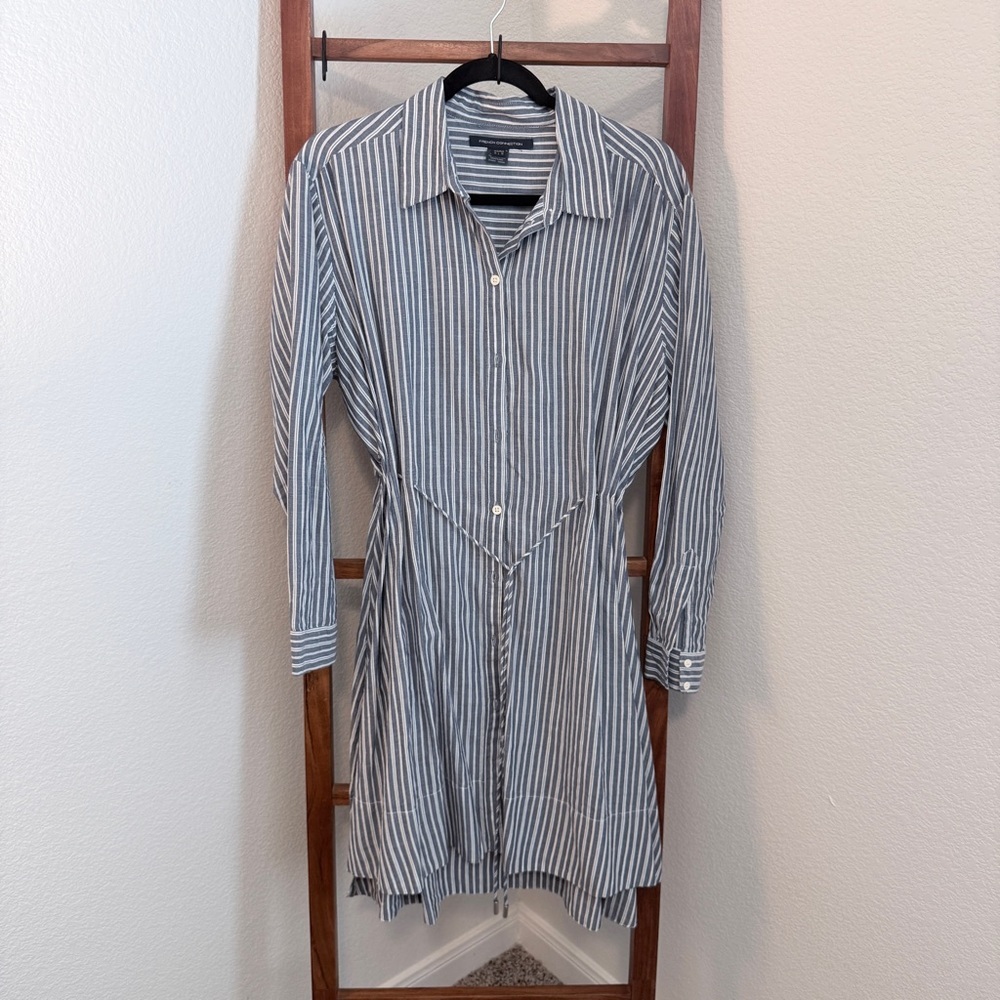 French Connection Navy and White Striped Button Front Cotton Shirt Dress Size 10